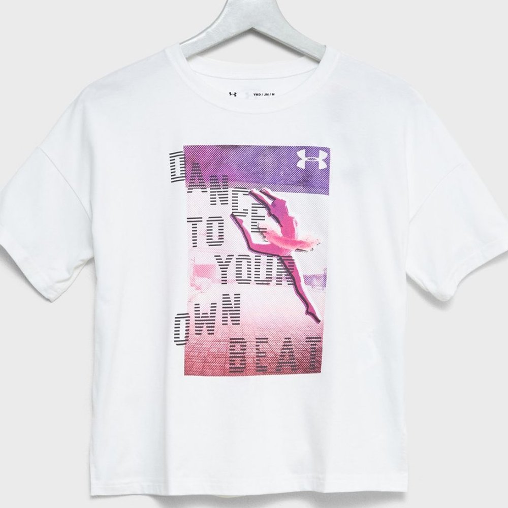 New Under Armour Girls Heat Gear Loose Tee "Dance To Your Own Beat" M L NWT